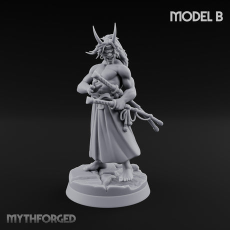 Banner Bearing Blade Drawing Oni Swordsman B Miniature for Dungeons and Dragons, Pathfinder or other TTRPGs