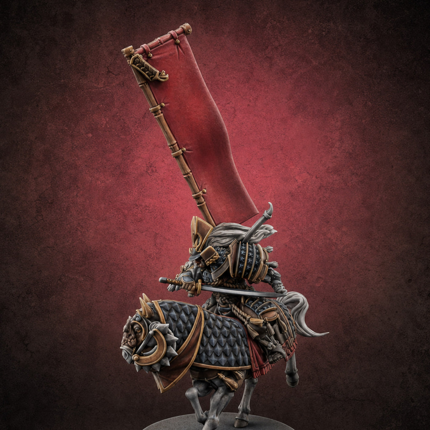 Banner Bearing Samurai Standard Bearer on Horse — painted concept preview (miniature supplied unpainted)