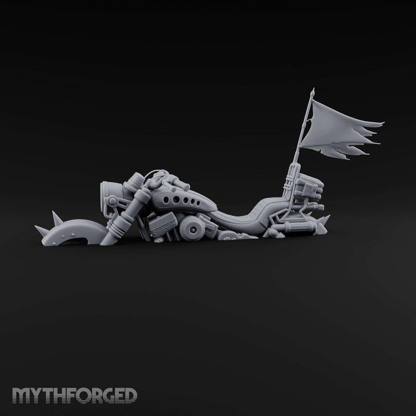 Banner-Topped Spike-Nosed War Motorcycle Miniature for Dungeons and Dragons, Pathfinder or other TTRPGs