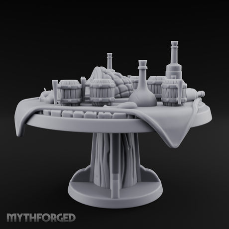 Barrel-Stacked Bottle-Crowded Tavern Market Table Miniature for Dungeons and Dragons, Pathfinder or other TTRPGs