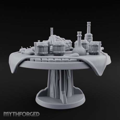 Barrel-Stacked Bottle-Crowded Tavern Market Table Miniature for Dungeons and Dragons, Pathfinder or other TTRPGs