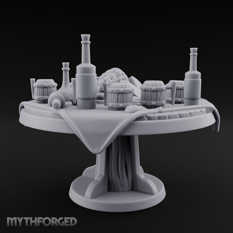 Barrel-Stacked Bottle-Crowded Tavern Market Table Miniature for Dungeons and Dragons, Pathfinder or other TTRPGs