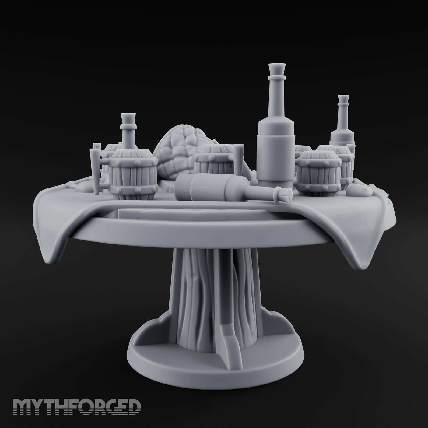 Barrel-Stacked Bottle-Crowded Tavern Market Table Miniature for Dungeons and Dragons, Pathfinder or other TTRPGs