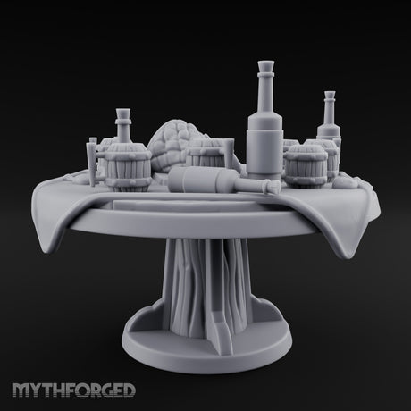 Barrel-Stacked Bottle-Crowded Tavern Market Table Miniature for Dungeons and Dragons, Pathfinder or other TTRPGs