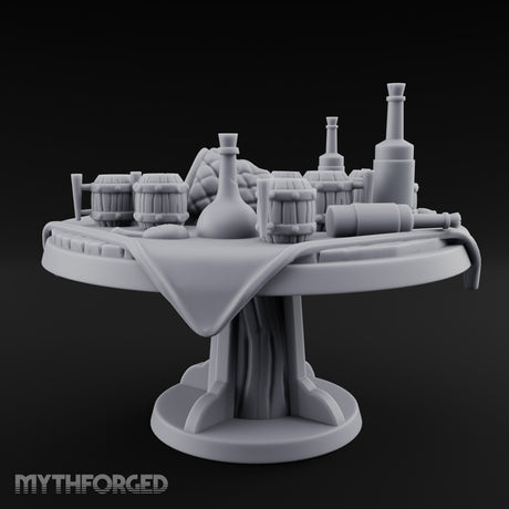 Barrel-Stacked Bottle-Crowded Tavern Market Table Miniature for Dungeons and Dragons, Pathfinder or other TTRPGs