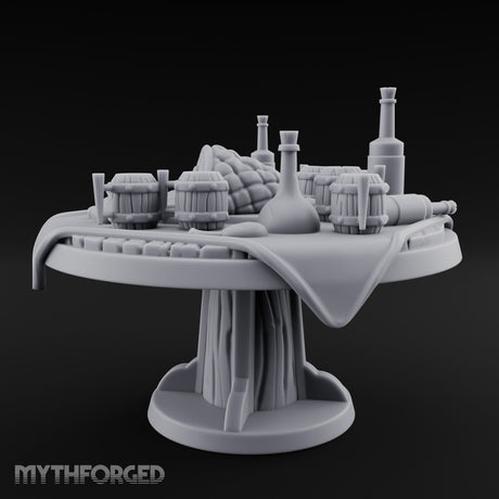 Barrel-Stacked Bottle-Crowded Tavern Market Table Miniature for Dungeons and Dragons, Pathfinder or other TTRPGs