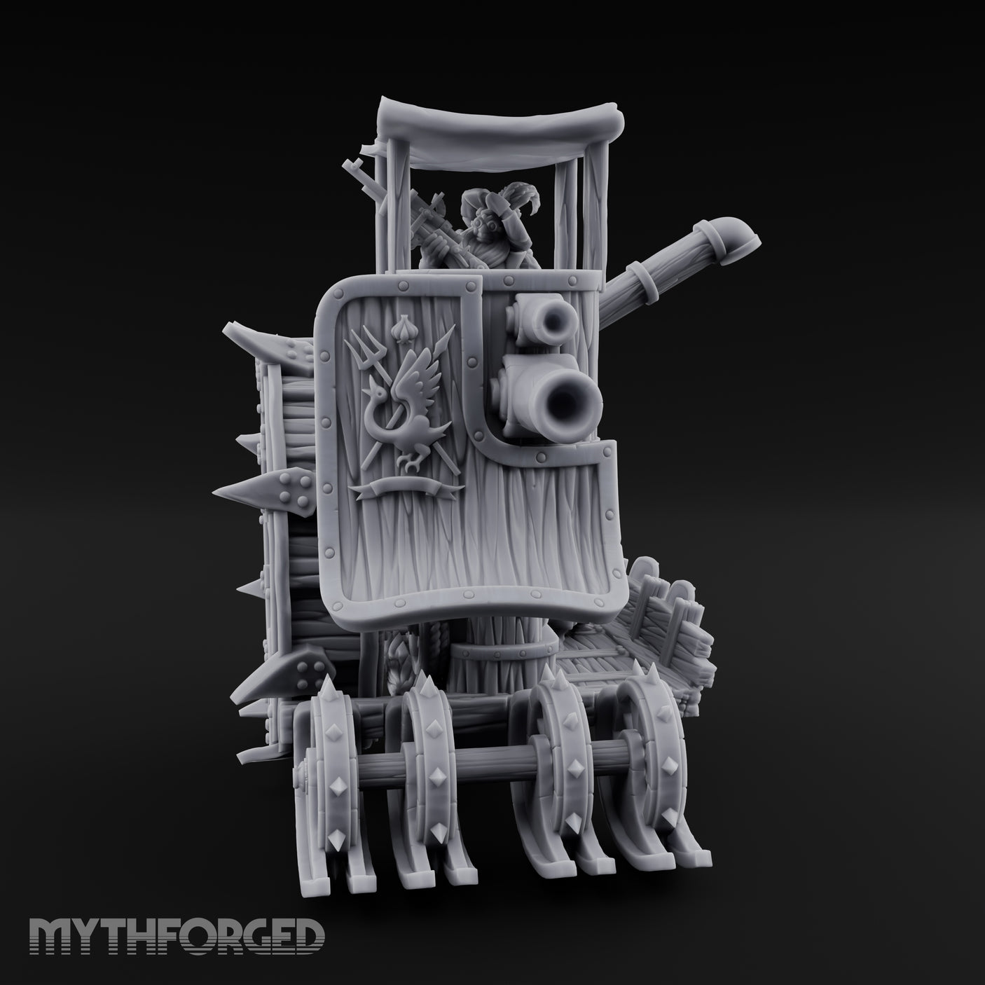 Twin Cannon Rolling Halfling War Wagon Miniature for Dungeons and Dragons, Pathfinder or other TTRPGs