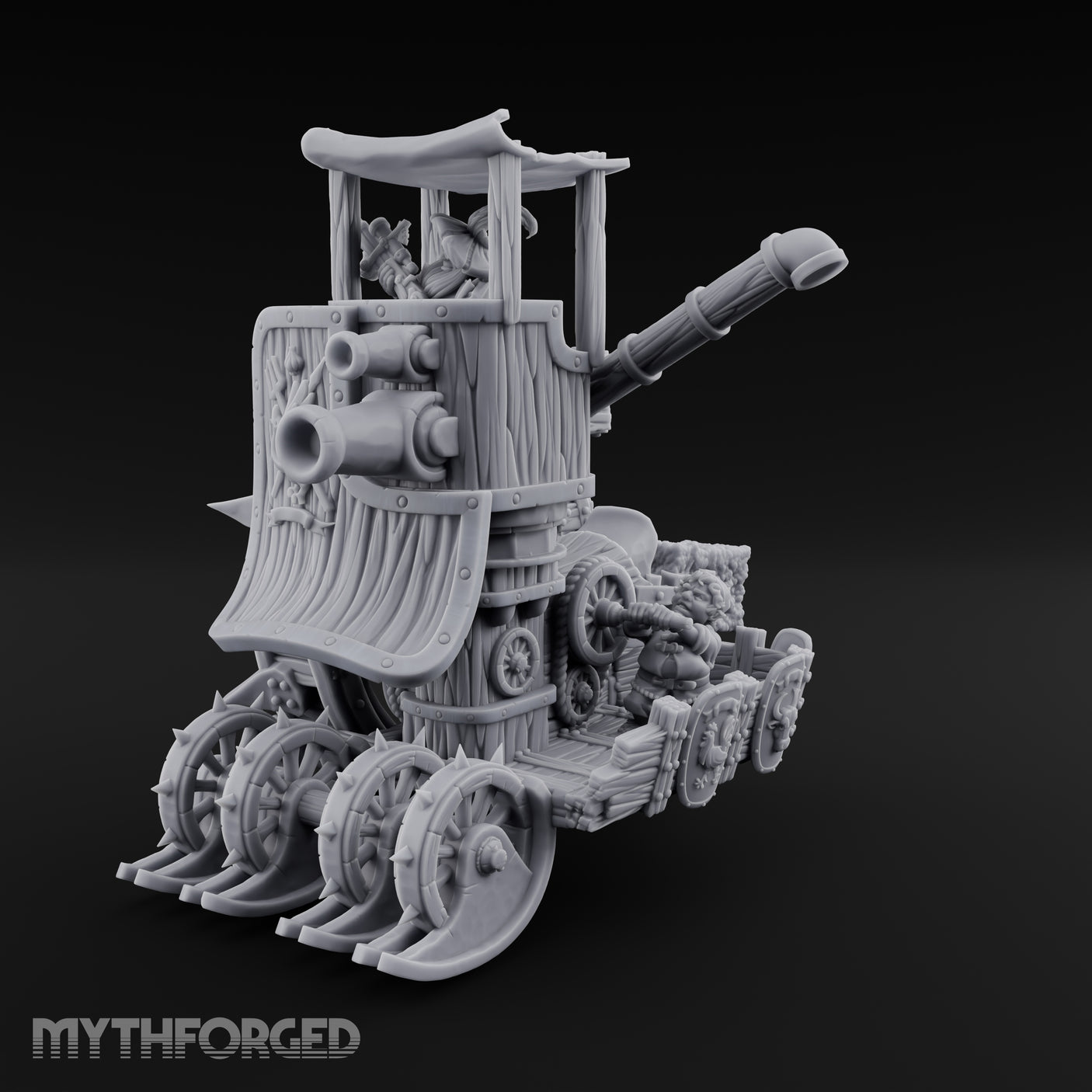 Twin Cannon Rolling Halfling War Wagon Miniature for Dungeons and Dragons, Pathfinder or other TTRPGs