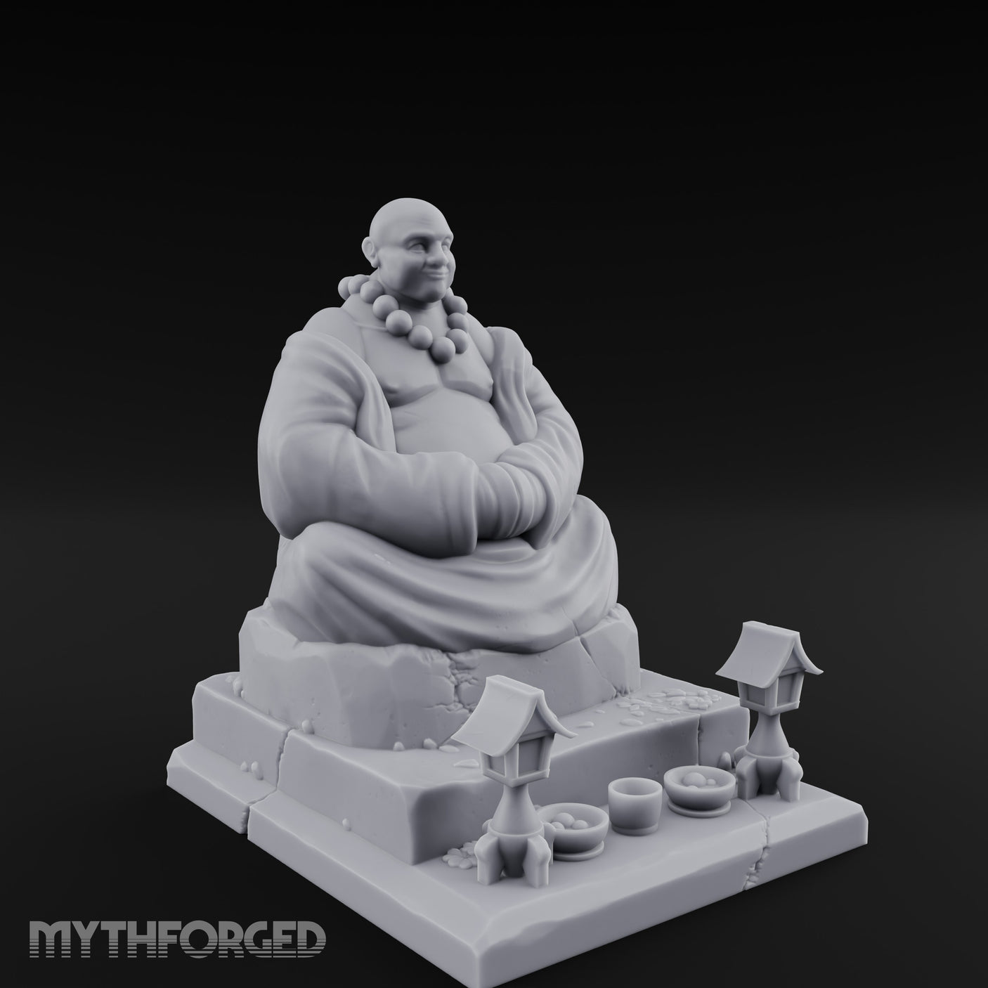 Bead-Necklaced Offering-Bowled Laughing Monk Shrine Statue Miniature for Dungeons and Dragons, Pathfinder or other TTRPGs