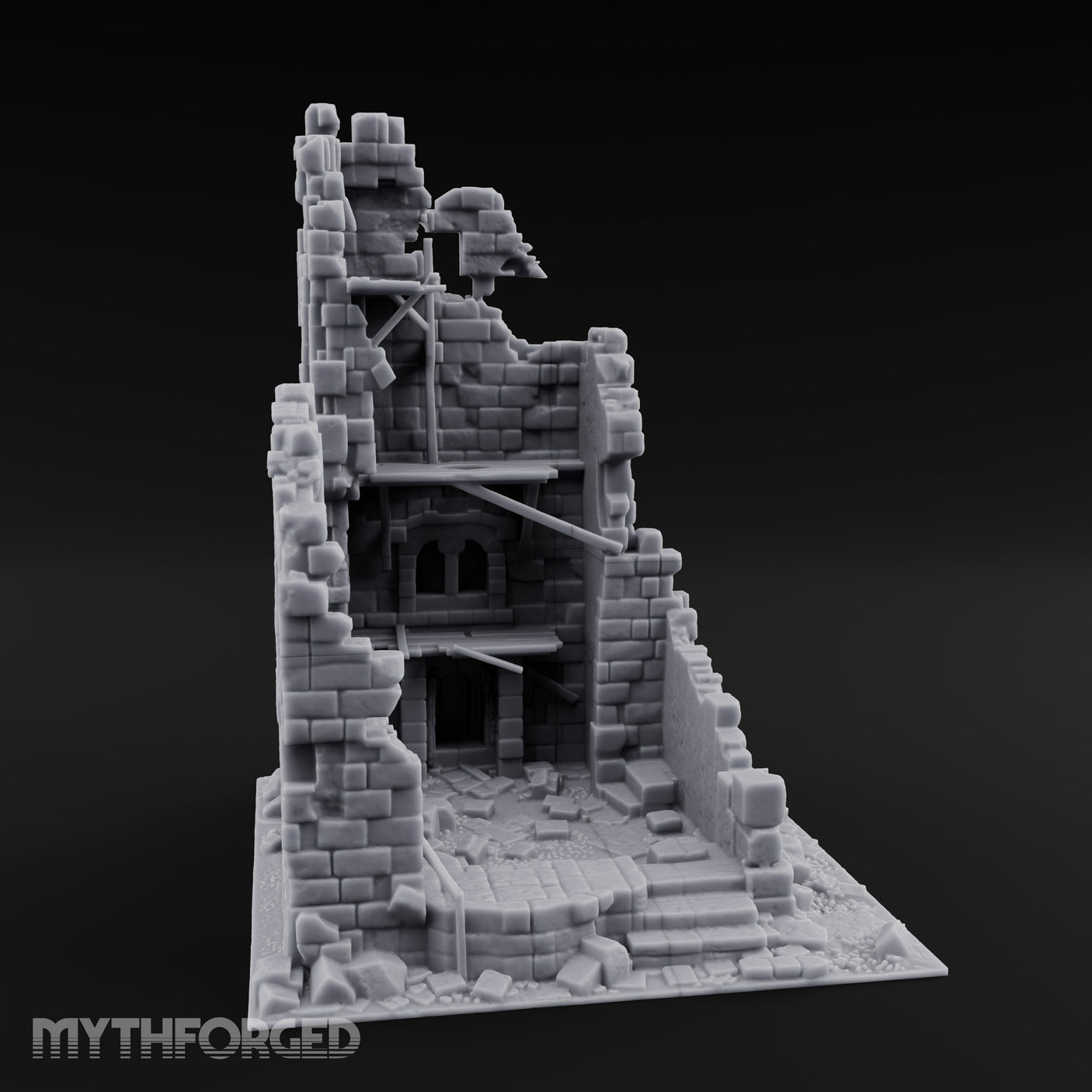 Beam-Crossed Facade-Shattered Townhouse Ruins Miniature for Dungeons and Dragons, Pathfinder or other TTRPGs