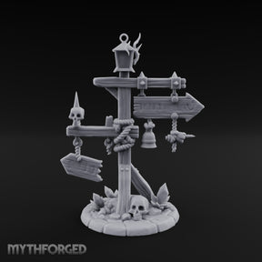 Bell-Hung Skull-Spiked Waymarker Signpost Miniature for Dungeons and Dragons, Pathfinder or other TTRPGs