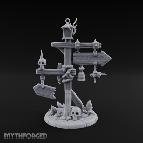 Bell-Hung Skull-Spiked Waymarker Signpost Miniature for Dungeons and Dragons, Pathfinder or other TTRPGs