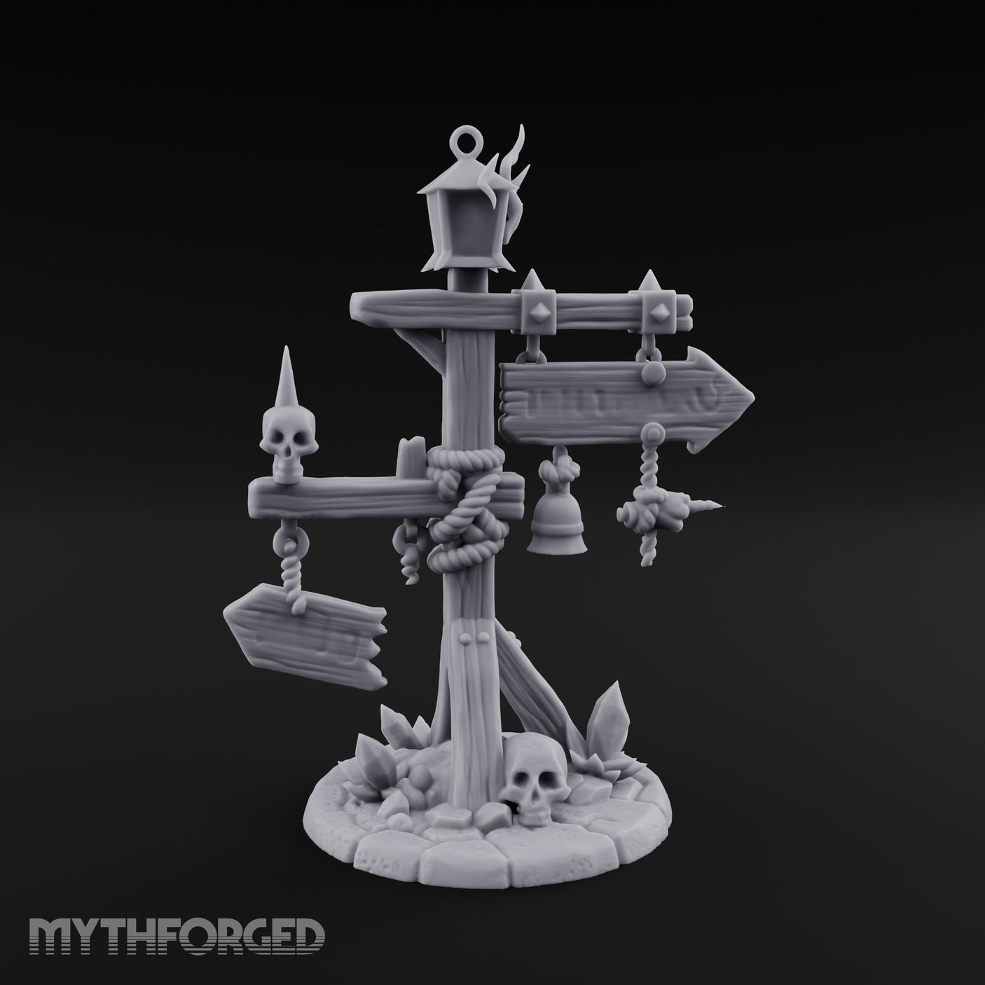 Bell-Hung Skull-Spiked Waymarker Signpost Miniature for Dungeons and Dragons, Pathfinder or other TTRPGs