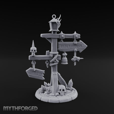 Bell-Hung Skull-Spiked Waymarker Signpost Miniature for Dungeons and Dragons, Pathfinder or other TTRPGs