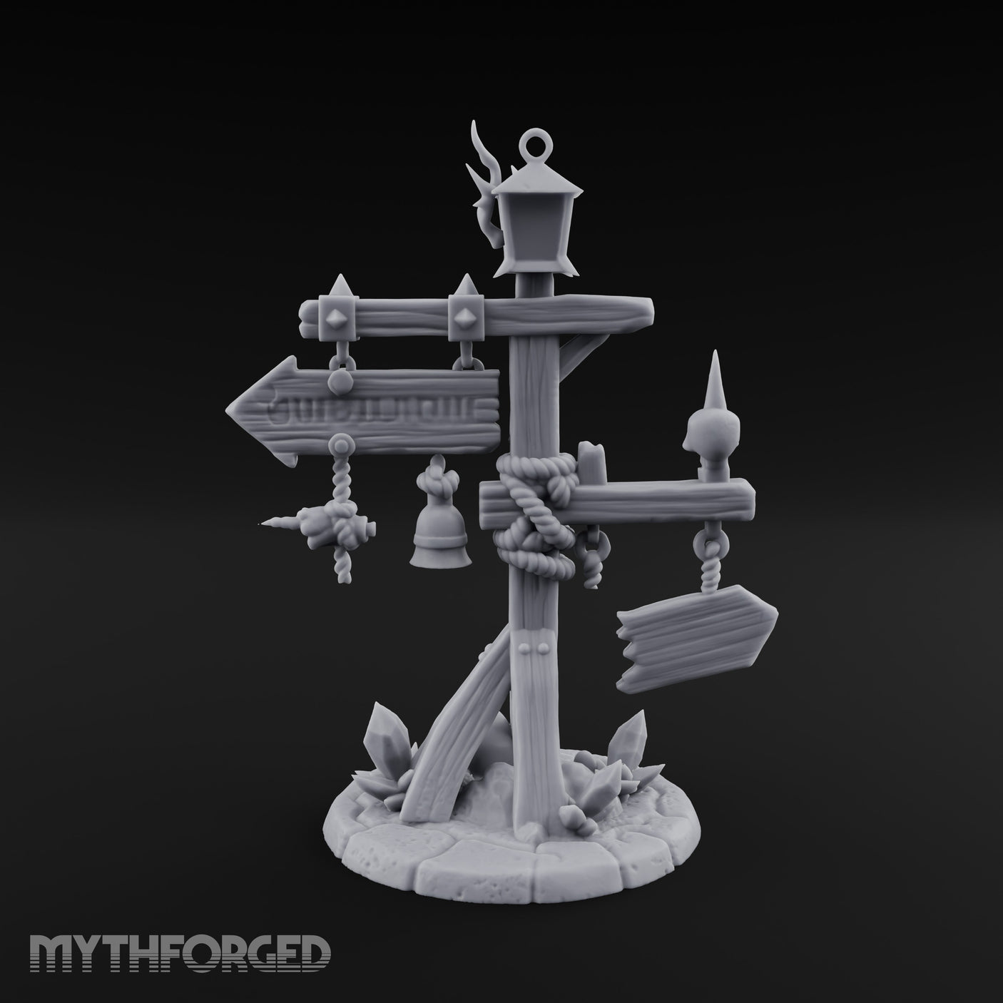 Bell-Hung Skull-Spiked Waymarker Signpost Miniature for Dungeons and Dragons, Pathfinder or other TTRPGs