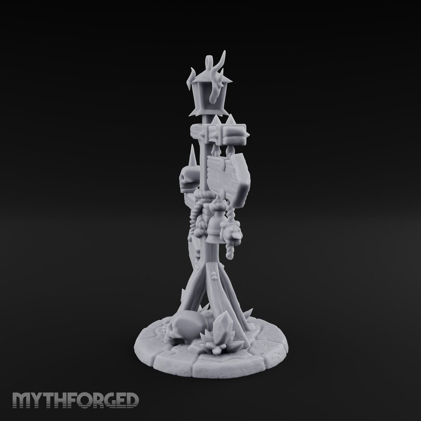 Bell-Hung Skull-Spiked Waymarker Signpost Miniature for Dungeons and Dragons, Pathfinder or other TTRPGs