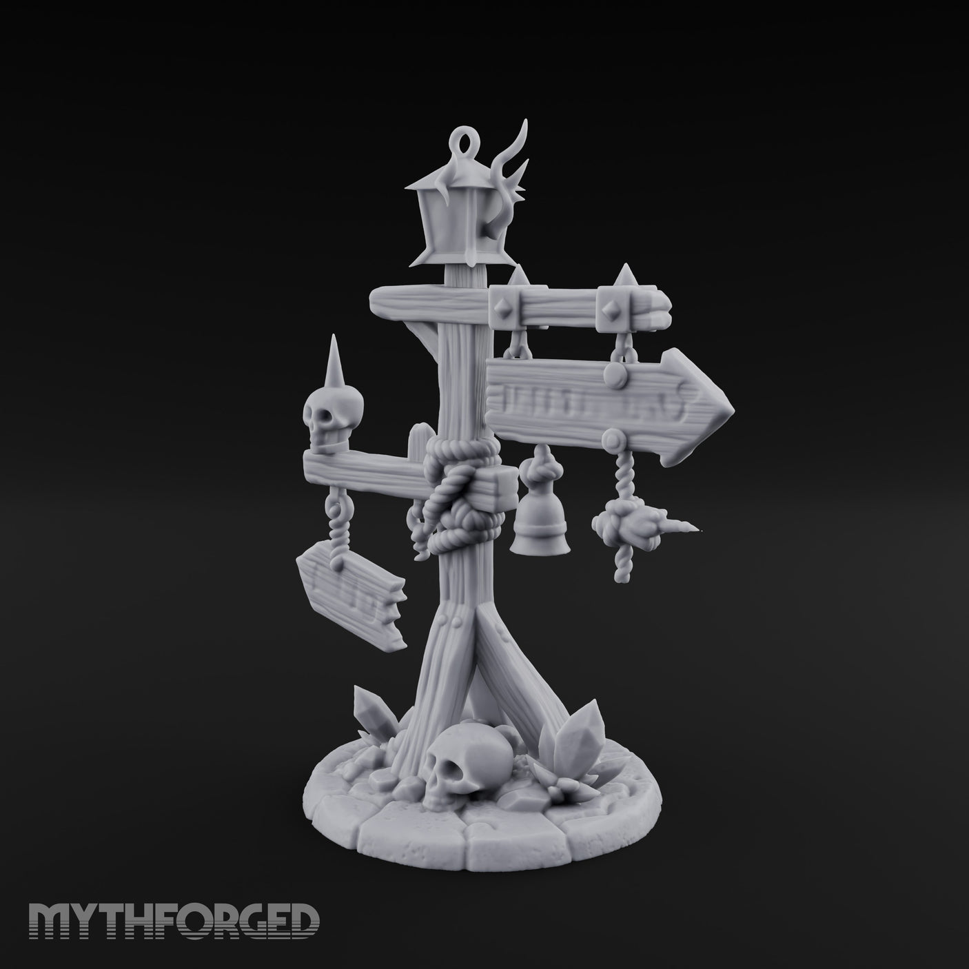Bell-Hung Skull-Spiked Waymarker Signpost Miniature for Dungeons and Dragons, Pathfinder or other TTRPGs