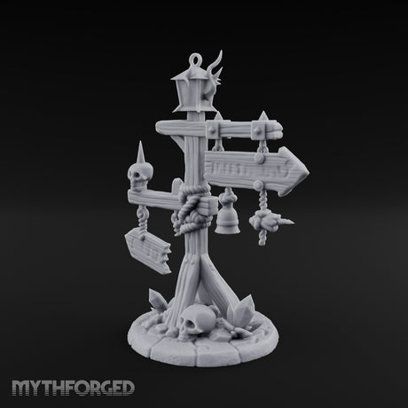 Bell-Hung Skull-Spiked Waymarker Signpost Miniature for Dungeons and Dragons, Pathfinder or other TTRPGs