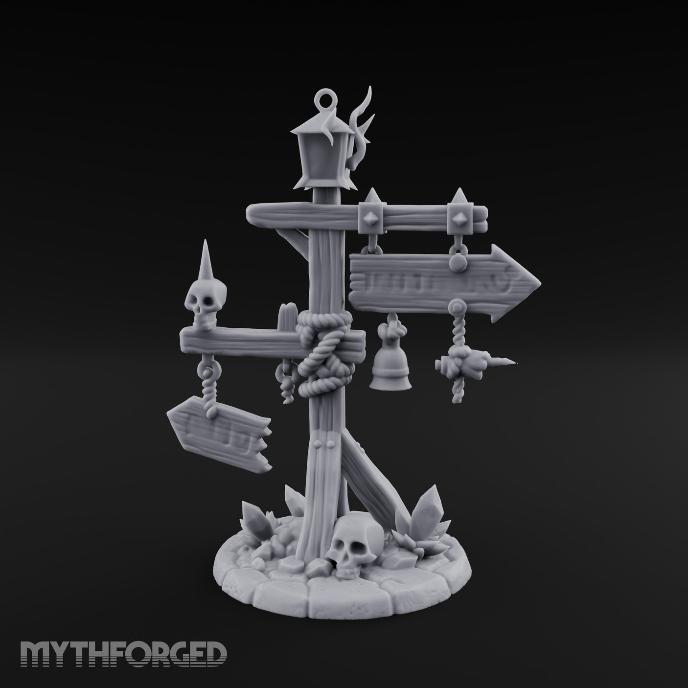 Bell-Hung Skull-Spiked Waymarker Signpost Miniature for Dungeons and Dragons, Pathfinder or other TTRPGs