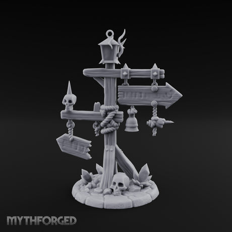 Bell-Hung Skull-Spiked Waymarker Signpost Miniature for Dungeons and Dragons, Pathfinder or other TTRPGs