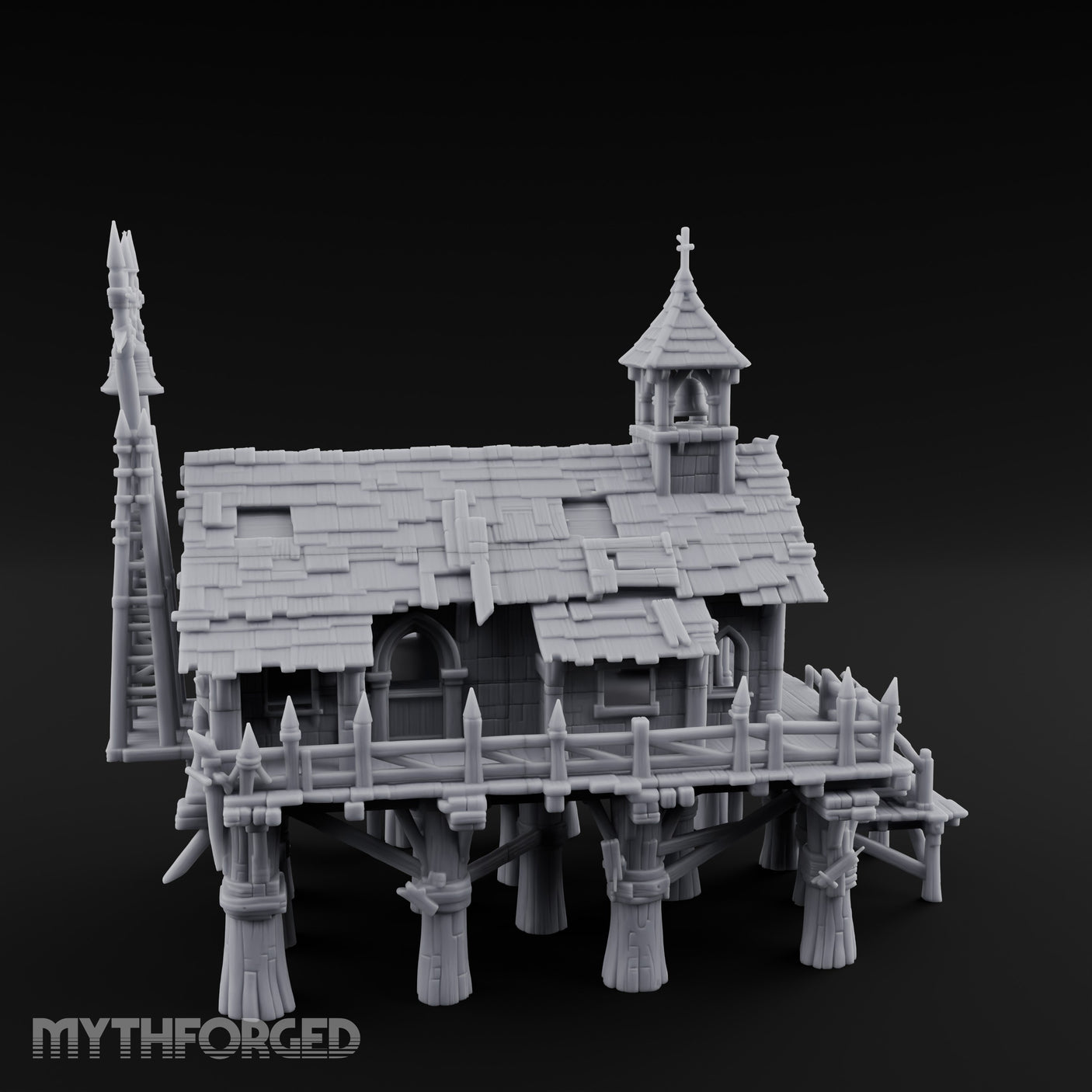 Bell-Towered Stilt-Raised Swamp Chapel Miniature for Dungeons and Dragons, Pathfinder or other TTRPGs