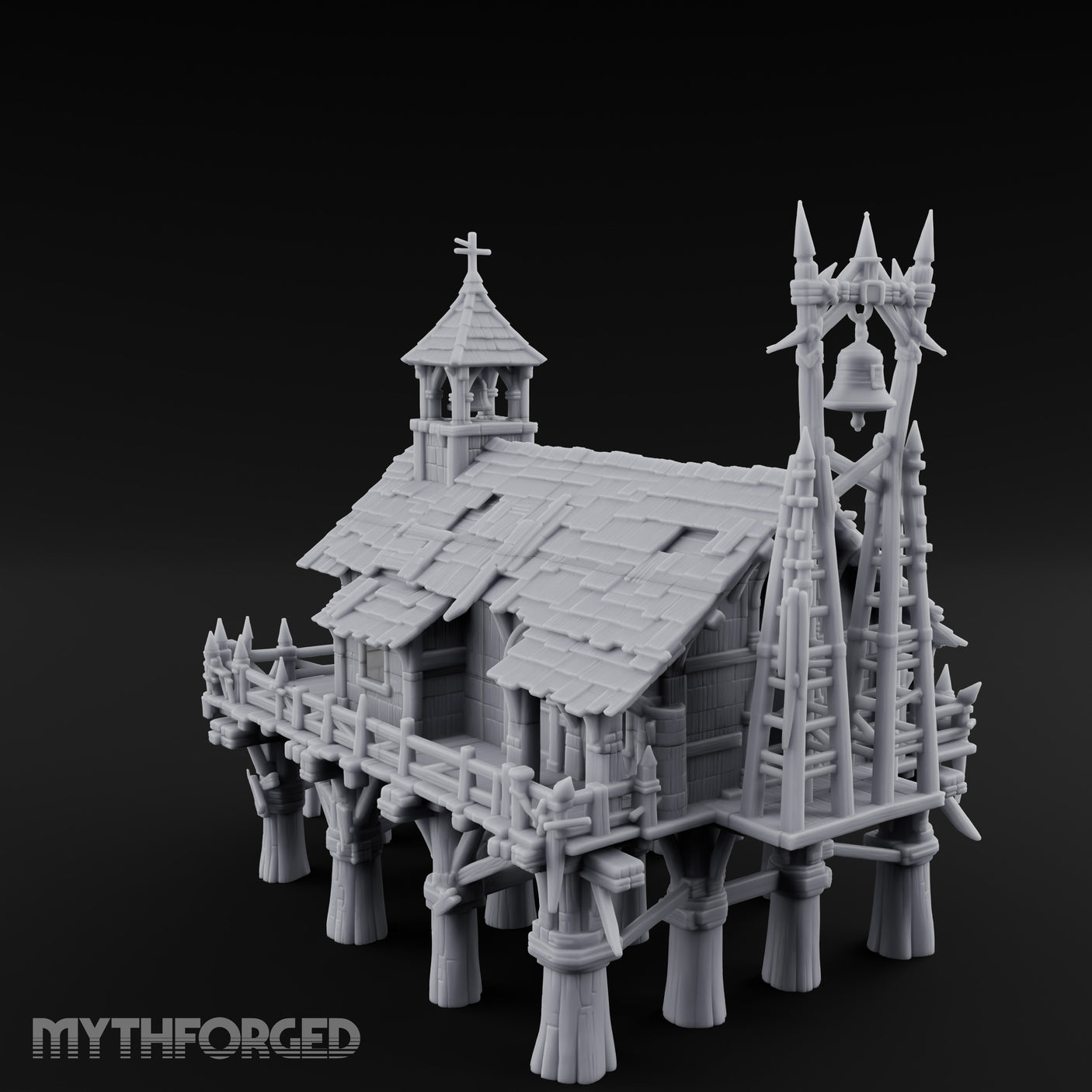 Bell-Towered Stilt-Raised Swamp Chapel Miniature for Dungeons and Dragons, Pathfinder or other TTRPGs