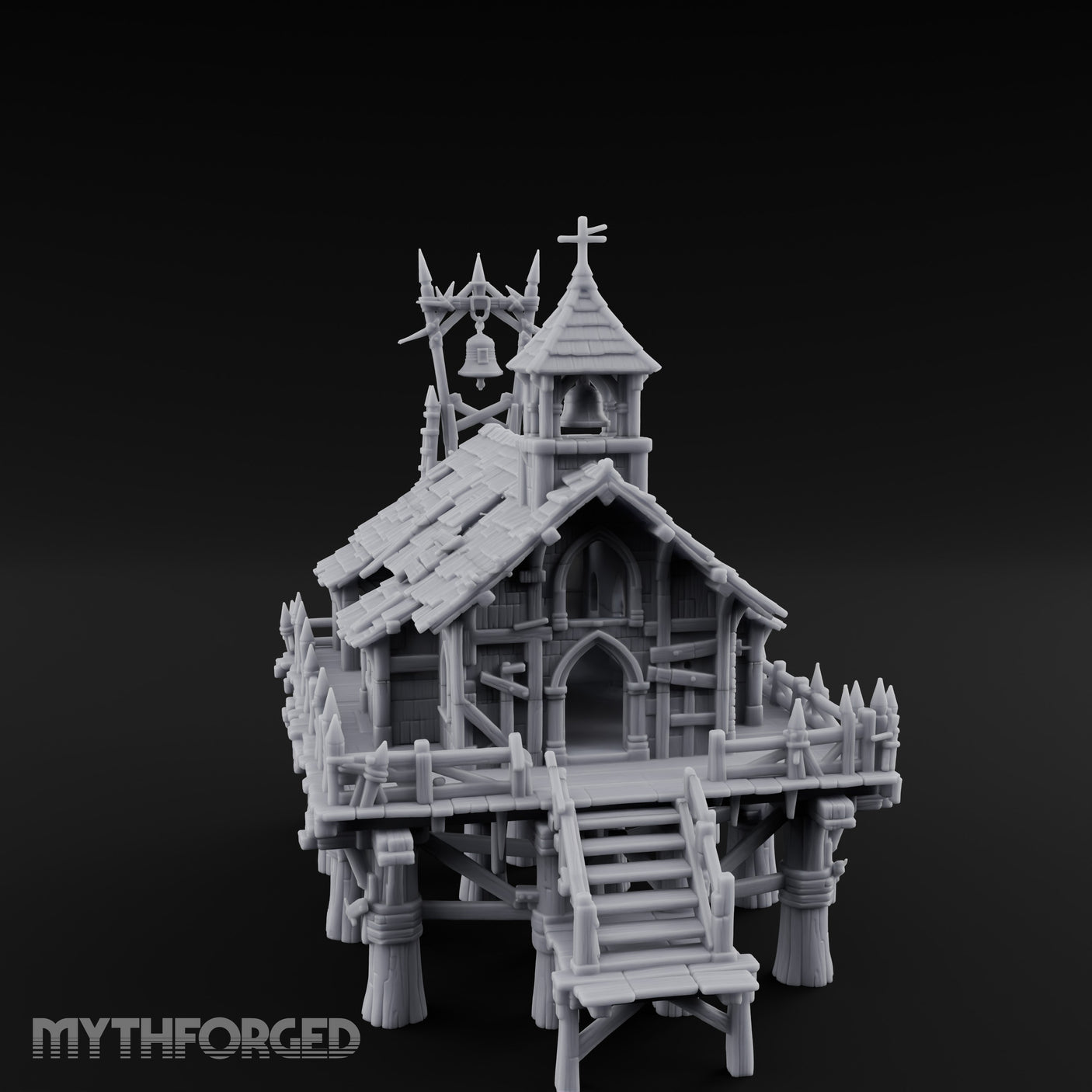 Bell-Towered Stilt-Raised Swamp Chapel Miniature for Dungeons and Dragons, Pathfinder or other TTRPGs