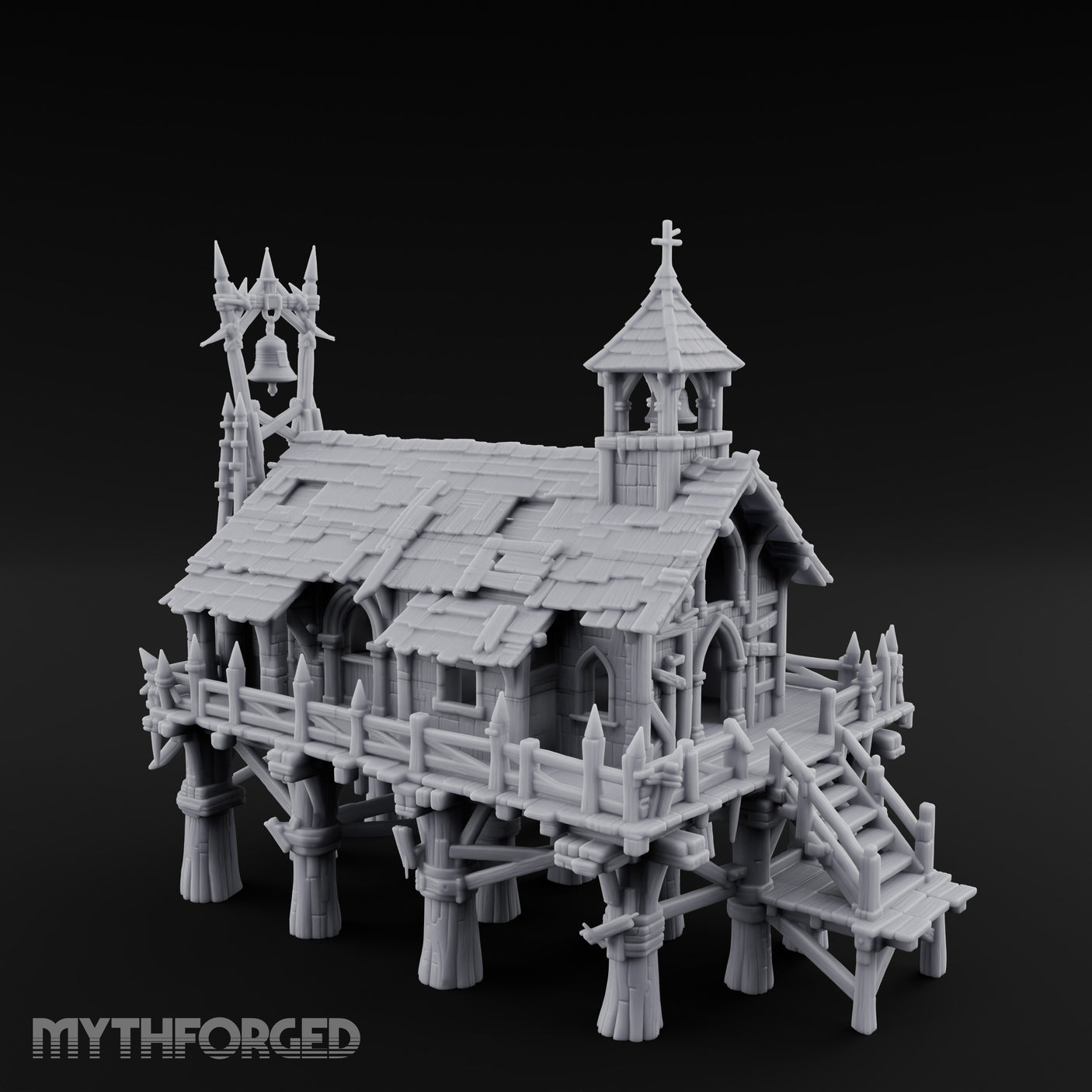 Bell-Towered Stilt-Raised Swamp Chapel Miniature for Dungeons and Dragons, Pathfinder or other TTRPGs