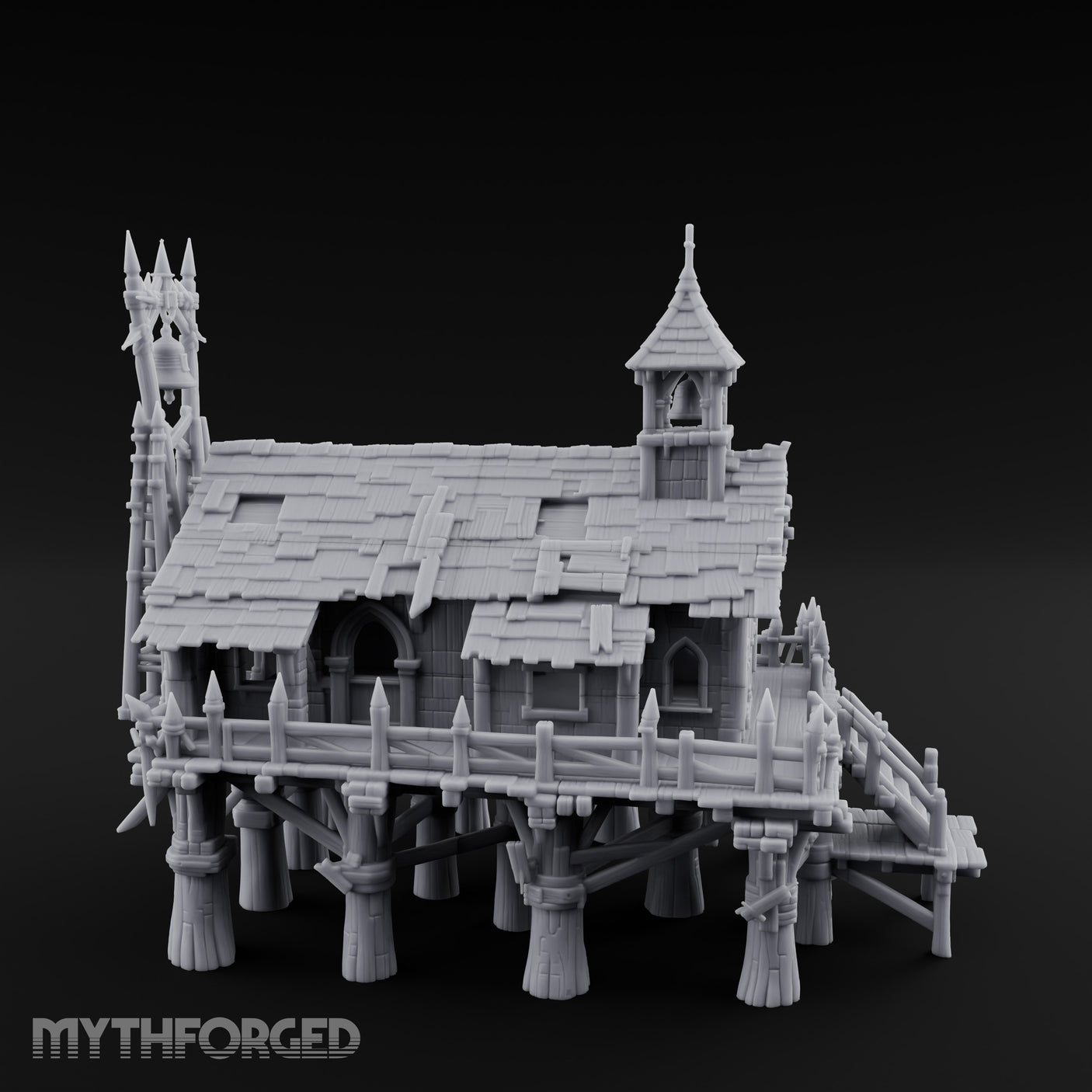 Bell-Towered Stilt-Raised Swamp Chapel Miniature for Dungeons and Dragons, Pathfinder or other TTRPGs
