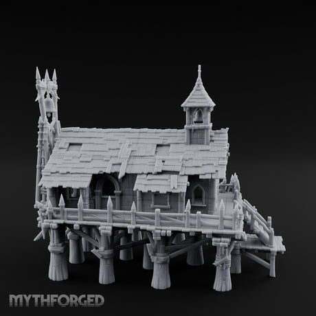 Bell-Towered Stilt-Raised Swamp Chapel Miniature for Dungeons and Dragons, Pathfinder or other TTRPGs
