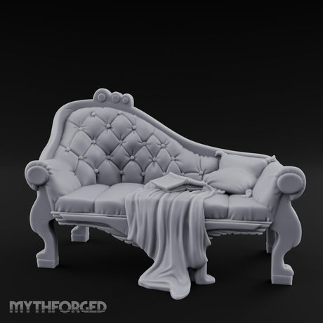 Blanket-Draped Tome-Rested Noble Tufted Chaise Longue Miniature for Dungeons and Dragons, Pathfinder or other TTRPGs