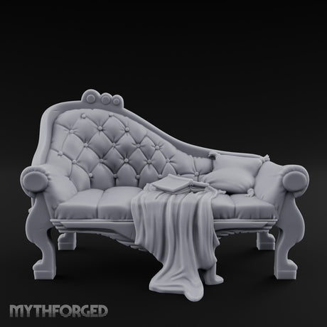 Blanket-Draped Tome-Rested Noble Tufted Chaise Longue Miniature for Dungeons and Dragons, Pathfinder or other TTRPGs