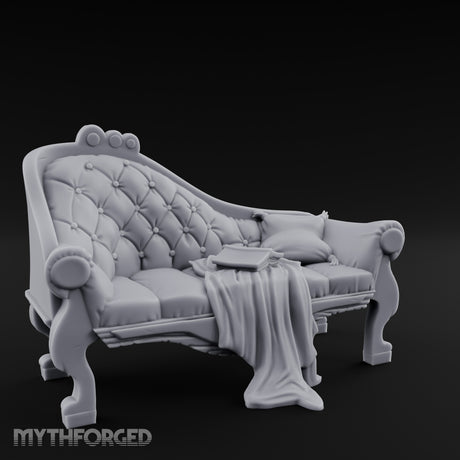 Blanket-Draped Tome-Rested Noble Tufted Chaise Longue Miniature for Dungeons and Dragons, Pathfinder or other TTRPGs