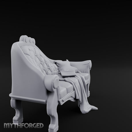 Blanket-Draped Tome-Rested Noble Tufted Chaise Longue Miniature for Dungeons and Dragons, Pathfinder or other TTRPGs