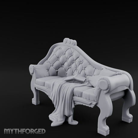 Blanket-Draped Tome-Rested Noble Tufted Chaise Longue Miniature for Dungeons and Dragons, Pathfinder or other TTRPGs