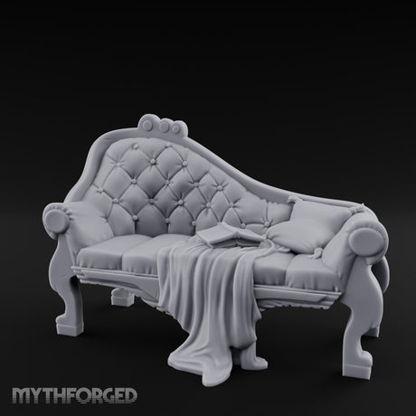 Blanket-Draped Tome-Rested Noble Tufted Chaise Longue Miniature for Dungeons and Dragons, Pathfinder or other TTRPGs