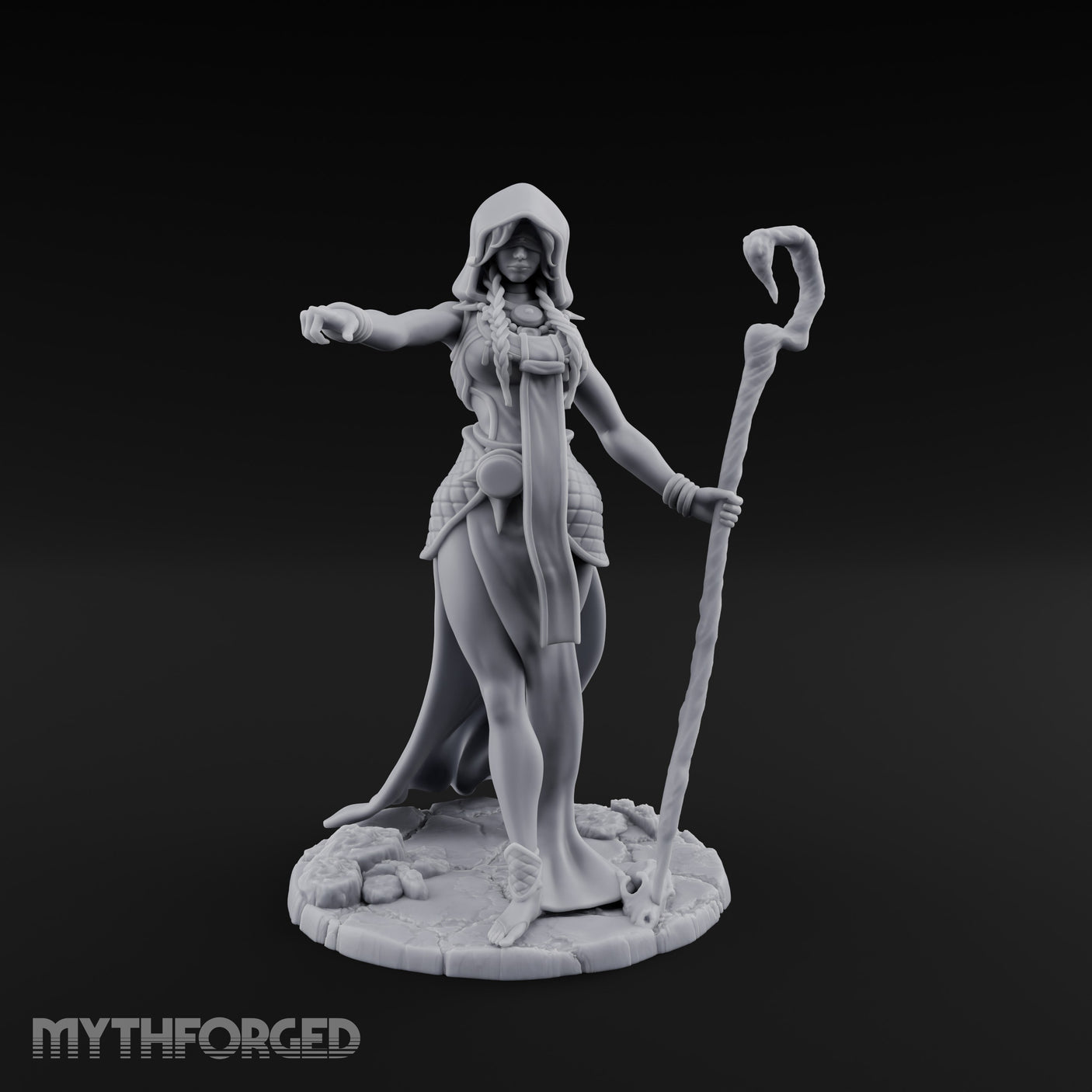 Blindfolded Staff Human Sorceress Miniature for Dungeons and Dragons, Pathfinder or other TTRPGs