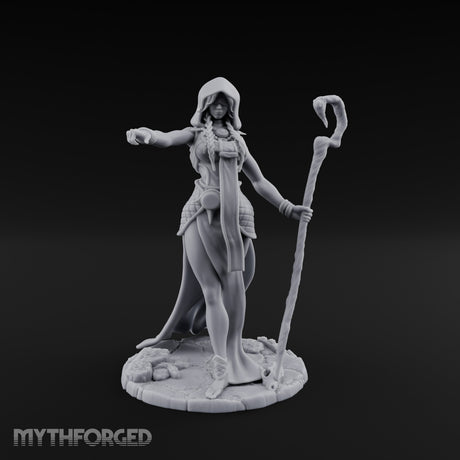 Blindfolded Staff Human Sorceress Miniature for Dungeons and Dragons, Pathfinder or other TTRPGs