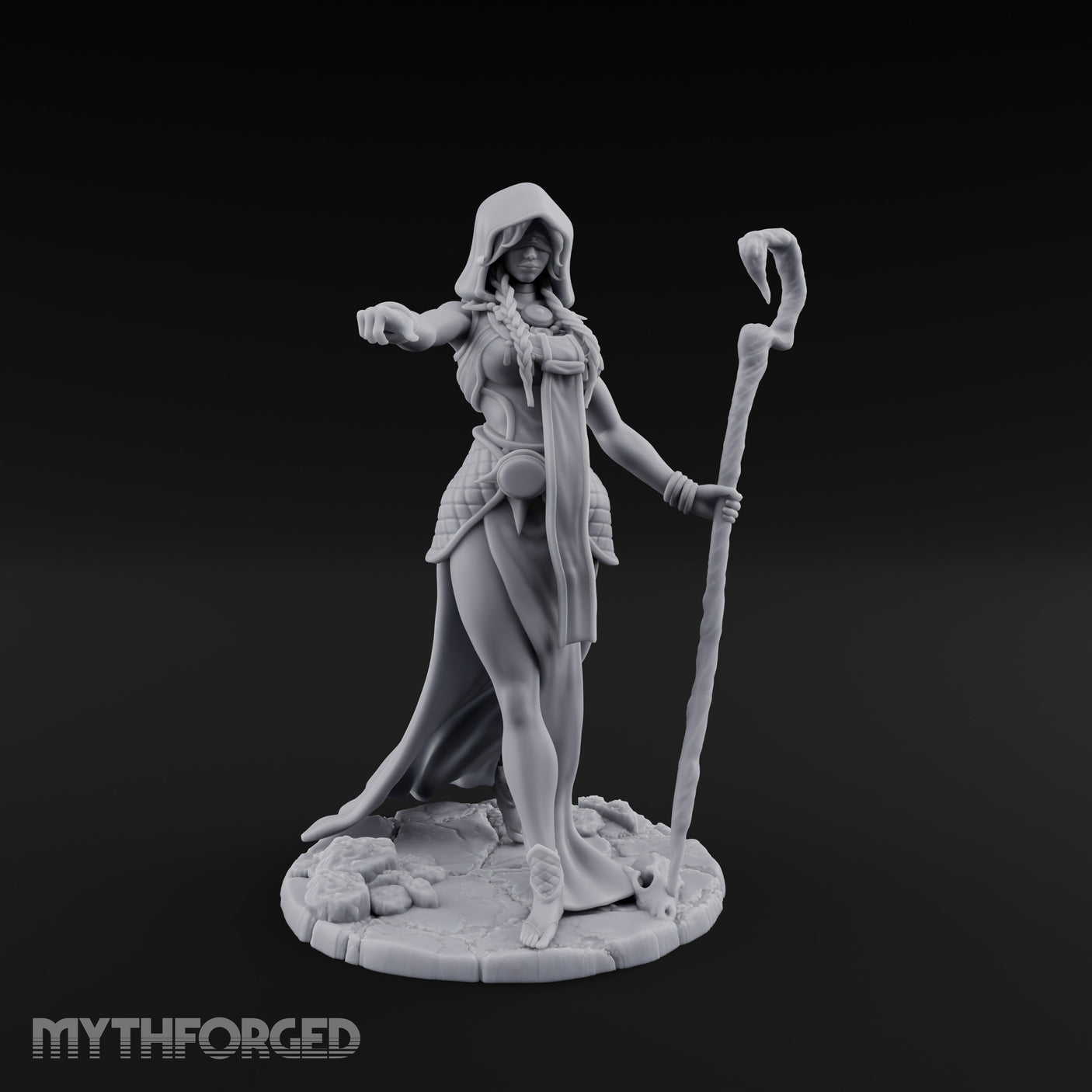 Blindfolded Staff Human Sorceress Miniature for Dungeons and Dragons, Pathfinder or other TTRPGs