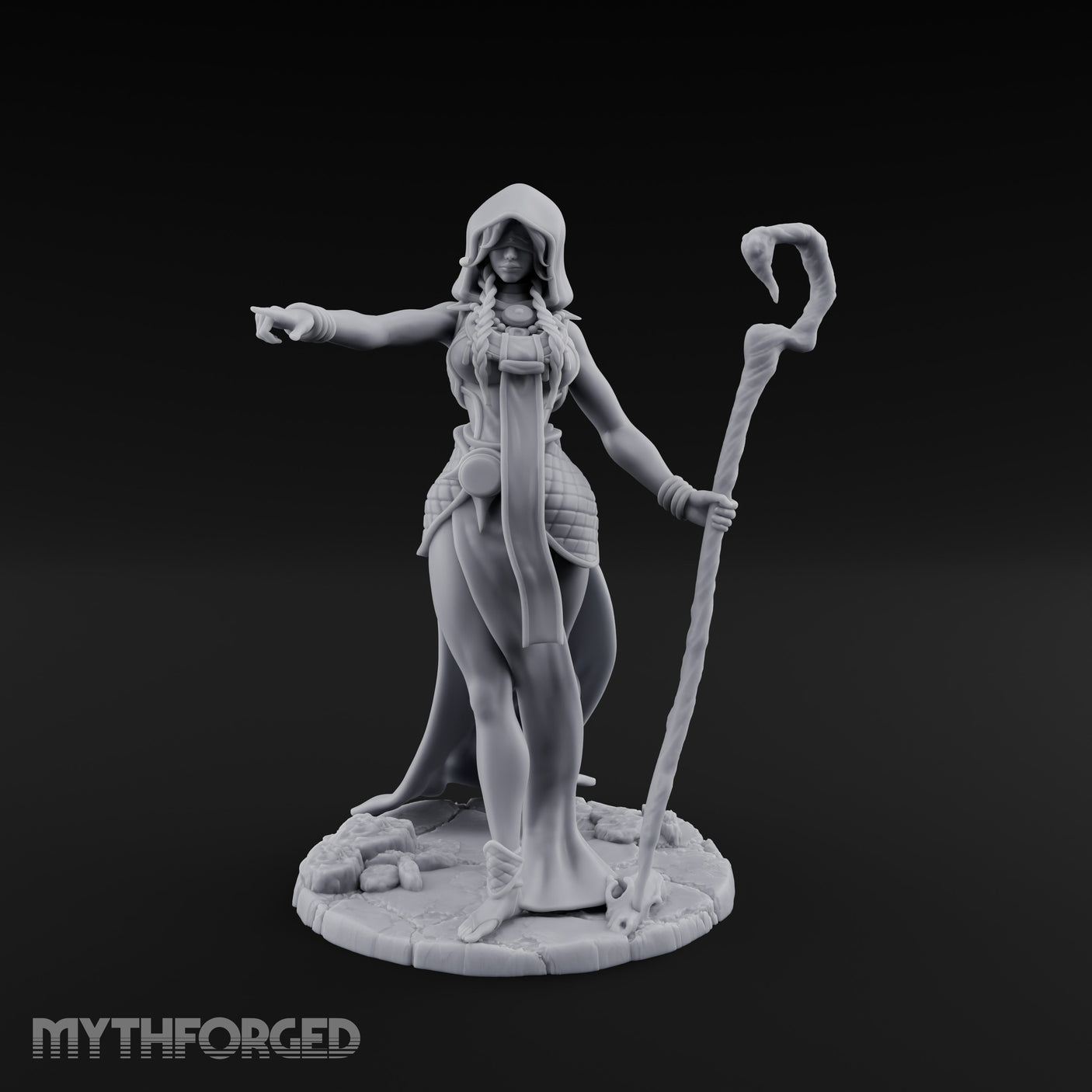 Blindfolded Staff Human Sorceress Miniature for Dungeons and Dragons, Pathfinder or other TTRPGs