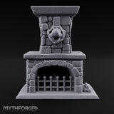 Boar-Mounted Grate-Barred Stone Hearth Fireplace Miniature for Dungeons and Dragons, Pathfinder or other TTRPGs
