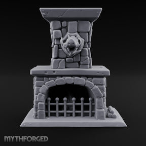 Boar-Mounted Grate-Barred Stone Hearth Fireplace Miniature for Dungeons and Dragons, Pathfinder or other TTRPGs