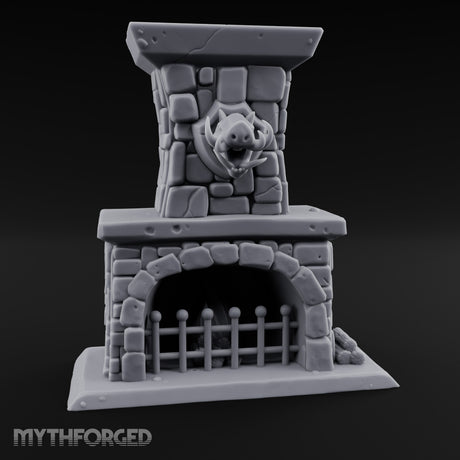 Boar-Mounted Grate-Barred Stone Hearth Fireplace Miniature for Dungeons and Dragons, Pathfinder or other TTRPGs