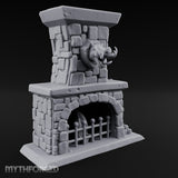 Boar-Mounted Grate-Barred Stone Hearth Fireplace Miniature for Dungeons and Dragons, Pathfinder or other TTRPGs