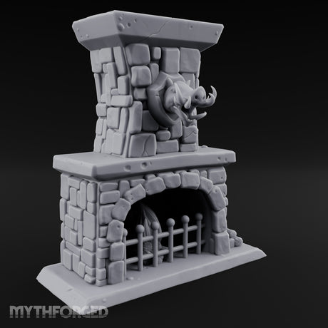 Boar-Mounted Grate-Barred Stone Hearth Fireplace Miniature for Dungeons and Dragons, Pathfinder or other TTRPGs