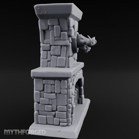 Boar-Mounted Grate-Barred Stone Hearth Fireplace Miniature for Dungeons and Dragons, Pathfinder or other TTRPGs