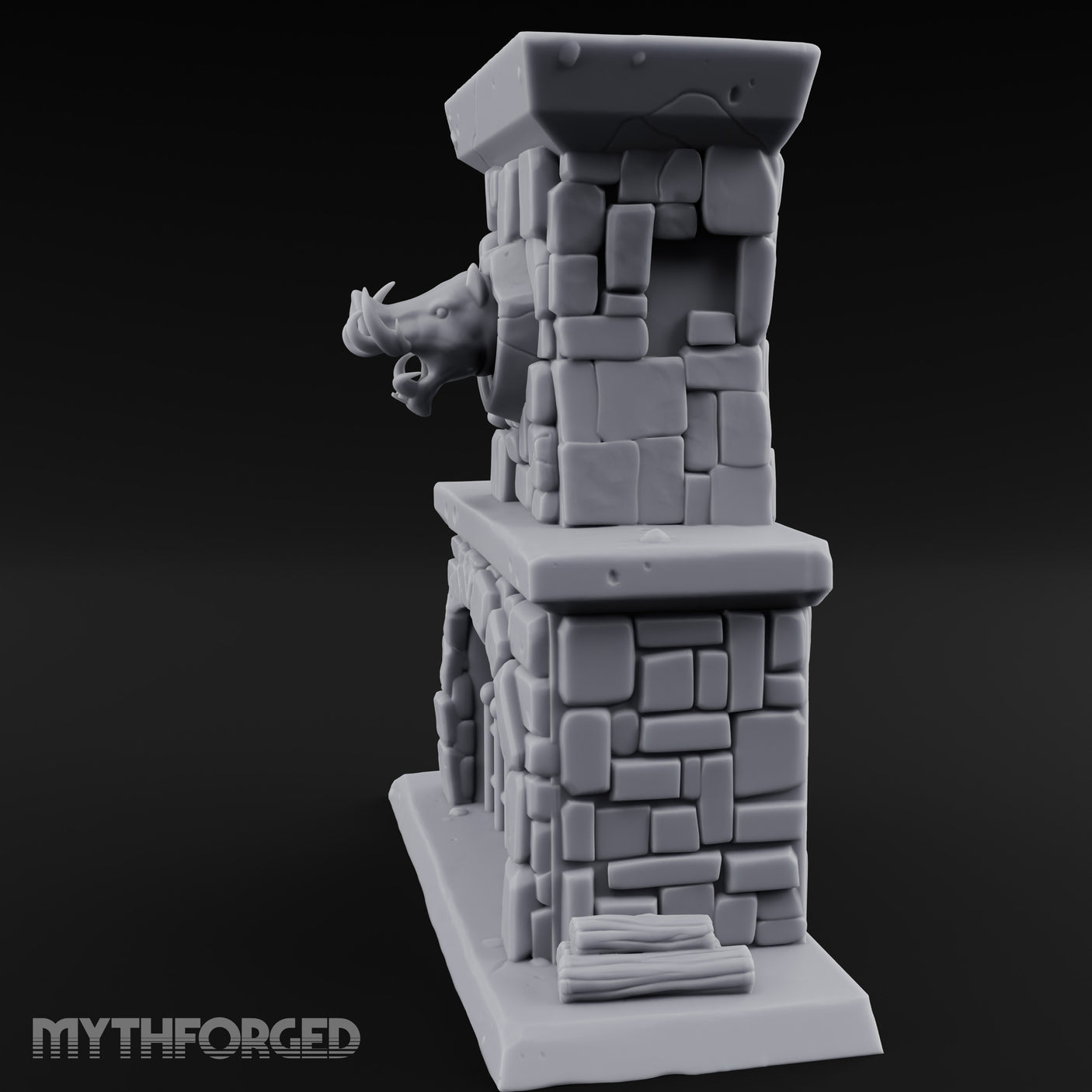 Boar-Mounted Grate-Barred Stone Hearth Fireplace Miniature for Dungeons and Dragons, Pathfinder or other TTRPGs