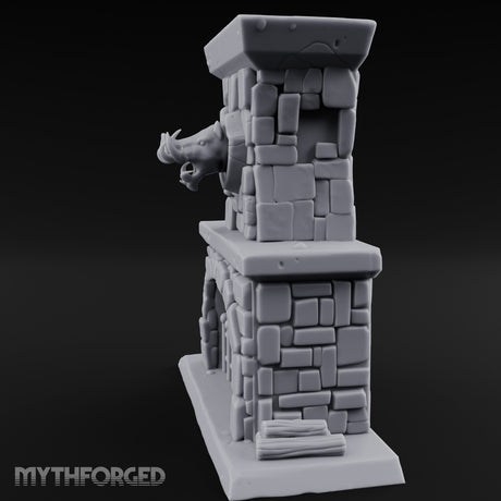 Boar-Mounted Grate-Barred Stone Hearth Fireplace Miniature for Dungeons and Dragons, Pathfinder or other TTRPGs