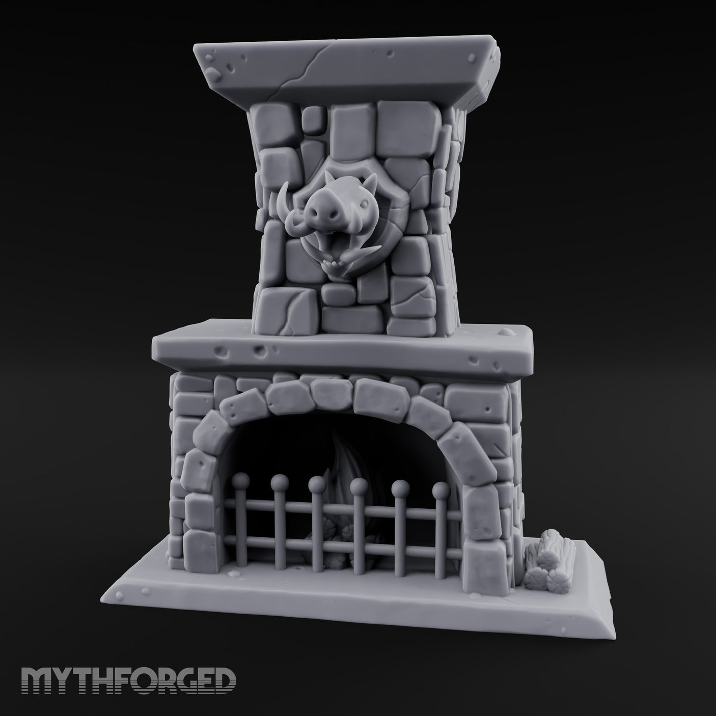 Boar-Mounted Grate-Barred Stone Hearth Fireplace Miniature for Dungeons and Dragons, Pathfinder or other TTRPGs