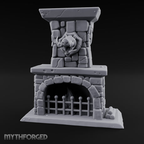 Boar-Mounted Grate-Barred Stone Hearth Fireplace Miniature for Dungeons and Dragons, Pathfinder or other TTRPGs